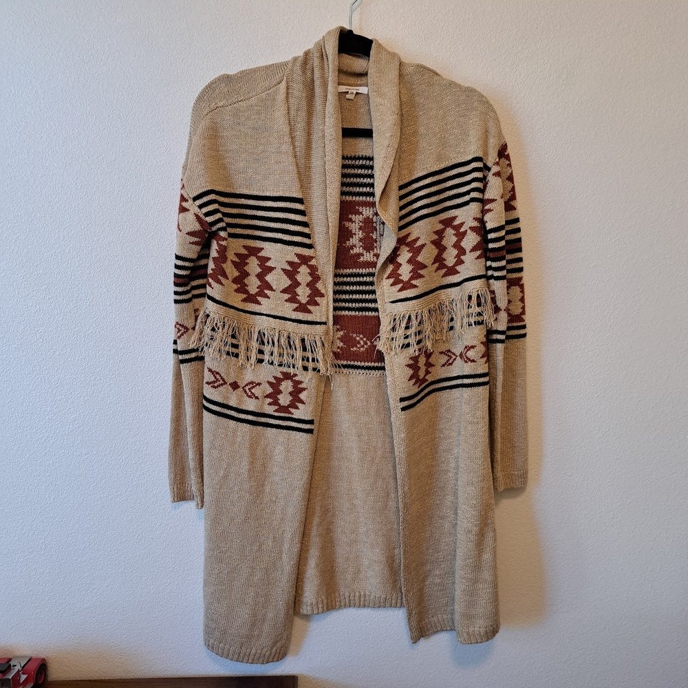 Maurices Southwestern Fringe Open Front Cardigan Tan Geometric Knit Sweater S